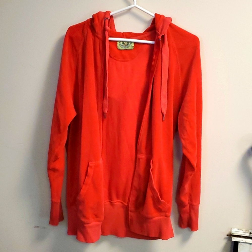 Vintage Juicy Couture Large Red Pink Cotton Velour Full Zip Hoodie Sweatshirt